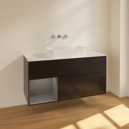 VILLEROY BOCH Toaletní skříňka Finion, s osvětlením, 3 výsuvy, 1200 x 603 x 501 mm, černý matný lak / antracitový matný lak / bílé matné sklo #F701GKPD, obrázek 2