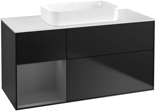 VILLEROY BOCH Toaletní skříňka Finion, s osvětlením, 3 výsuvy, 1200 x 603 x 501 mm, černý matný lak / antracitový matný lak / bílé matné sklo #F701GKPD