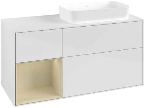 VILLEROY BOCH Toaletní skříňka Finion, s osvětlením, 3 výsuvy, 1200 x 603 x 501 mm, lesklý bílý lak / hedvábně šedý matný lak / bílé matné sklo #F681HJGF
