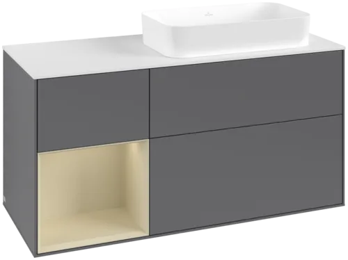 VILLEROY BOCH Toaletní skříňka Finion, s osvětlením, 3 výsuvy, 1200 x 603 x 501 mm, antracitový matný lak / hedvábně šedý matný lak / bílé matné sklo #F681HJGK