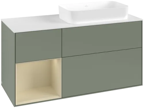 VILLEROY BOCH Toaletní skříňka Finion, s osvětlením, 3 výsuvy, 1200 x 603 x 501 mm, olivový matný lak / hedvábně šedý matný lak / bílé matné sklo #F681HJGM