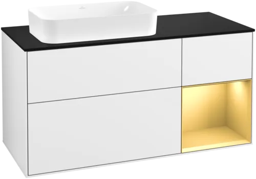 VILLEROY BOCH Toaletní skříňka Finion, s osvětlením, 3 výsuvy, 1200 x 603 x 501 mm, lesklý bílý lak / zlatý matný lak / černé matné sklo #F692HFGF