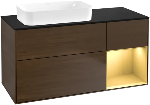VILLEROY BOCH Toaletní skříňka Finion, s osvětlením, 3 výsuvy, 1200 x 603 x 501 mm, ořechová dýha / zlatý matný lak / černé matné sklo #F692HFGN