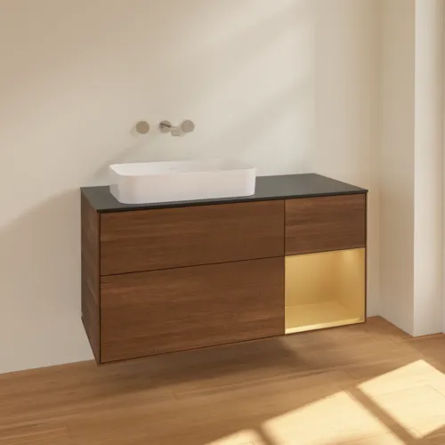 VILLEROY BOCH Toaletní skříňka Finion, s osvětlením, 3 výsuvy, 1200 x 603 x 501 mm, ořechová dýha / zlatý matný lak / černé matné sklo #F692HFGN, obrázek 2