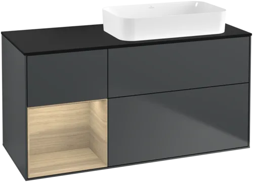 VILLEROY BOCH Toaletní skříňka Finion, s osvětlením, 3 výsuvy, 1200 x 603 x 501 mm, Midnight Blue Matt Lacquer / Oak Veneer / Glass Black Matt #F682PCHG