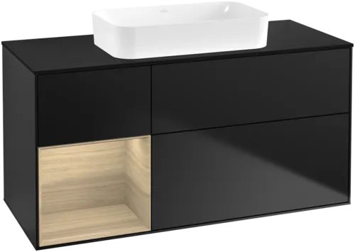 VILLEROY BOCH Toaletní skříňka Finion, s osvětlením, 3 výsuvy, 1200 x 603 x 501 mm, černý matný lak / dubová dýha / černé matné sklo #F702PCPD
