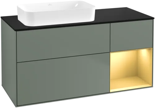 VILLEROY BOCH Toaletní skříňka Finion, s osvětlením, 3 výsuvy, 1200 x 603 x 501 mm, olivový matný lak / zlatý matný lak / černé matné sklo #F692HFGM