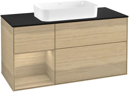 VILLEROY BOCH Toaletní stolek Finion, s osvětlením, 3 výsuvy, 1200 x 603 x 501 mm, dubová dýha / dubová dýha / sklo černé matné #F702PCPC