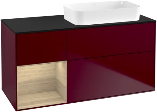 VILLEROY BOCH Toaletní skříňka Finion, s osvětlením, 3 výsuvy, 1200 x 603 x 501 mm, matný lak Peony / dubová dýha / černé matné sklo #F682PCHB