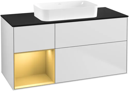 VILLEROY BOCH Toaletní skříňka Finion, s osvětlením, 3 výsuvy, 1200 x 603 x 501 mm, bílý matný lak / zlatý matný lak / černé matné sklo #F702HFMT
