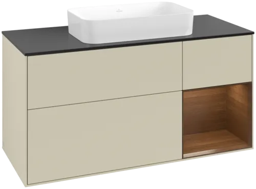 VILLEROY BOCH Toaletní skříňka Finion, s osvětlením, 3 výsuvy, 1200 x 603 x 501 mm, hedvábně šedý matný lak / ořechová dýha / černé matné sklo #F712GNHJ