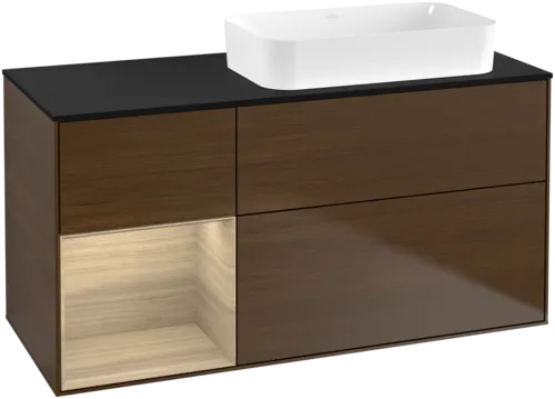 VILLEROY BOCH Toaletní skříňka Finion, s osvětlením, 3 výsuvy, 1200 x 603 x 501 mm, ořechová dýha / dubová dýha / sklo černé matné #F682PCGN