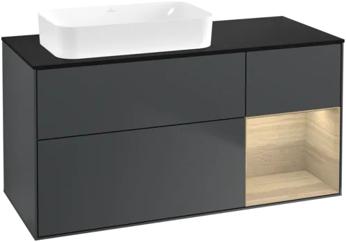 VILLEROY BOCH Toaletní skříňka Finion, s osvětlením, 3 výsuvy, 1200 x 603 x 501 mm, Midnight Blue Matt Lacquer / Oak Veneer / Glass Black Matt #F692PCHG