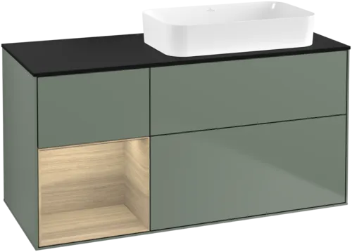 VILLEROY BOCH Toaletní skříňka Finion, s osvětlením, 3 výsuvy, 1200 x 603 x 501 mm, olivový matný lak / dubová dýha / sklo černé matné #F682PCGM