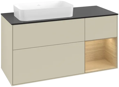 VILLEROY BOCH Toaletní skříňka Finion, s osvětlením, 3 výsuvy, 1200 x 603 x 501 mm, hedvábně šedý matný lak / dubová dýha / černé matné sklo #F692PCHJ