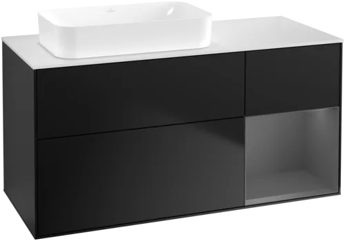 VILLEROY BOCH Toaletní skříňka Finion, s osvětlením, 3 výsuvy, 1200 x 603 x 501 mm, černý matný lak / antracitový matný lak / bílé matné sklo #F691GKPD