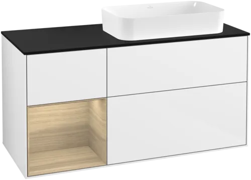 VILLEROY BOCH Toaletní skříňka Finion, s osvětlením, 3 výsuvy, 1200 x 603 x 501 mm, lesklý bílý lak / dubová dýha / černé matné sklo #F682PCGF