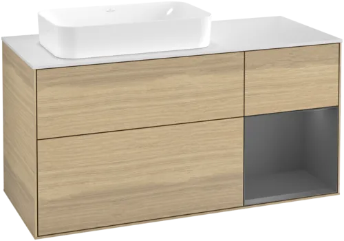VILLEROY BOCH Toaletní skříňka Finion, s osvětlením, 3 výsuvy, 1200 x 603 x 501 mm, dubová dýha / antracitový matný lak / bílé matné sklo #F691GKPC