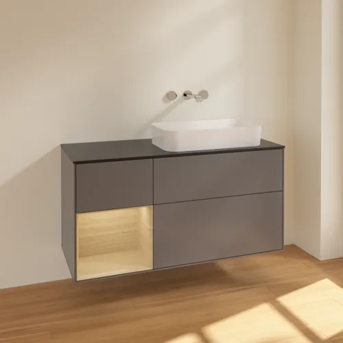 VILLEROY BOCH Toaletní skříňka Finion, s osvětlením, 3 výsuvy, 1200 x 603 x 501 mm, antracitový matný lak / dubová dýha / černé matné sklo #F682PCGK, obrázek 2