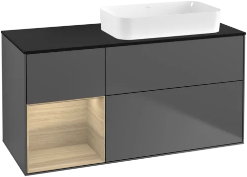 VILLEROY BOCH Toaletní skříňka Finion, s osvětlením, 3 výsuvy, 1200 x 603 x 501 mm, antracitový matný lak / dubová dýha / černé matné sklo #F682PCGK