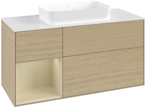 VILLEROY BOCH Toaletní skříňka Finion, s osvětlením, 3 výsuvy, 1200 x 603 x 501 mm, dubová dýha / hedvábně šedý matný lak / sklo bílé matné #F701HJPC