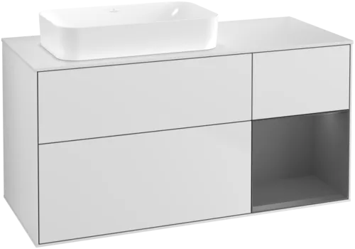 VILLEROY BOCH Toaletní skříňka Finion, s osvětlením, 3 výsuvy, 1200 x 603 x 501 mm, bílý matný lak / antracitový matný lak / bílé matné sklo #F691GKMT