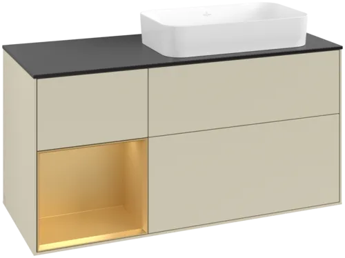 VILLEROY BOCH Toaletní skříňka Finion, s osvětlením, 3 výsuvy, 1200 x 603 x 501 mm, Silk Grey Matt Lacquer / Gold Matt Lacquer / Glass Black Matt #F682HFHJ