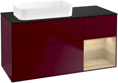 VILLEROY BOCH Toaletní skříňka Finion, s osvětlením, 3 výsuvy, 1200 x 603 x 501 mm, matný lak Peony / dubová dýha / černé matné sklo #F692PCHB