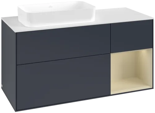 VILLEROY BOCH Toaletní skříňka Finion, s osvětlením, 3 výsuvy, 1200 x 603 x 501 mm, Midnight Blue Matt Lacquer / Silk Grey Matt Lacquer / Glass White Matt #F691HJHG