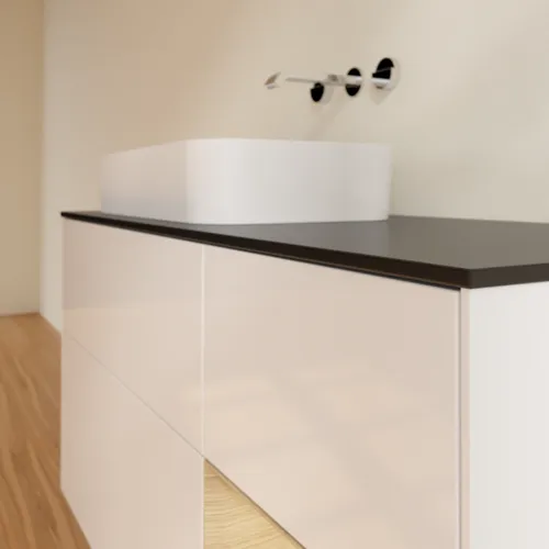 VILLEROY BOCH Toaletní skříňka Finion, s osvětlením, 3 výsuvy, 1200 x 603 x 501 mm, lesklý bílý lak / dubová dýha / černé matné sklo #F692PCGF, obrázek 4