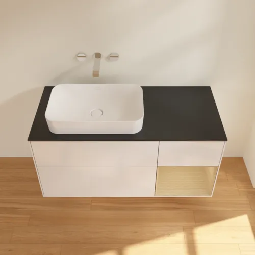 VILLEROY BOCH Toaletní skříňka Finion, s osvětlením, 3 výsuvy, 1200 x 603 x 501 mm, lesklý bílý lak / dubová dýha / černé matné sklo #F692PCGF, obrázek 3