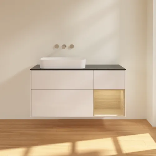VILLEROY BOCH Toaletní skříňka Finion, s osvětlením, 3 výsuvy, 1200 x 603 x 501 mm, lesklý bílý lak / dubová dýha / černé matné sklo #F692PCGF, obrázek 2