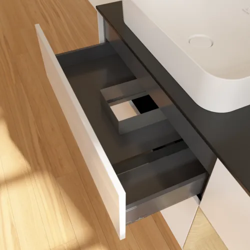 VILLEROY BOCH Toaletní skříňka Finion, s osvětlením, 3 výsuvy, 1200 x 603 x 501 mm, lesklý bílý lak / dubová dýha / černé matné sklo #F692PCGF, obrázek 5