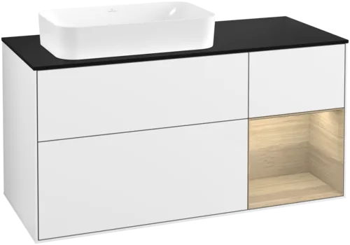 VILLEROY BOCH Toaletní skříňka Finion, s osvětlením, 3 výsuvy, 1200 x 603 x 501 mm, lesklý bílý lak / dubová dýha / černé matné sklo #F692PCGF