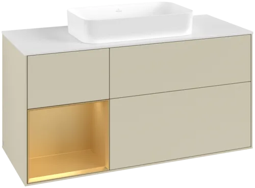 VILLEROY BOCH Toaletní skříňka Finion, s osvětlením, 3 výsuvy, 1200 x 603 x 501 mm, Silk Grey Matt Lacquer / Gold Matt Lacquer / Glass White Matt #F701HFHJ