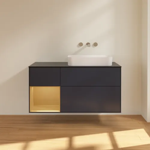 VILLEROY BOCH Toaletní skříňka Finion, s osvětlením, 3 výsuvy, 1200 x 603 x 501 mm, Midnight Blue Matt Lacquer / Gold Matt Lacquer / Glass Black Matt #F682HFHG, obrázek 3