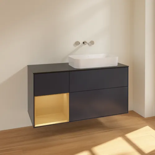 VILLEROY BOCH Toaletní skříňka Finion, s osvětlením, 3 výsuvy, 1200 x 603 x 501 mm, Midnight Blue Matt Lacquer / Gold Matt Lacquer / Glass Black Matt #F682HFHG, obrázek 2