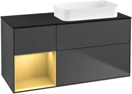 VILLEROY BOCH Toaletní skříňka Finion, s osvětlením, 3 výsuvy, 1200 x 603 x 501 mm, Midnight Blue Matt Lacquer / Gold Matt Lacquer / Glass Black Matt #F682HFHG