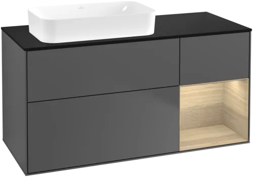 VILLEROY BOCH Toaletní skříňka Finion, s osvětlením, 3 výsuvy, 1200 x 603 x 501 mm, antracitový matný lak / dubová dýha / černé matné sklo #F692PCGK