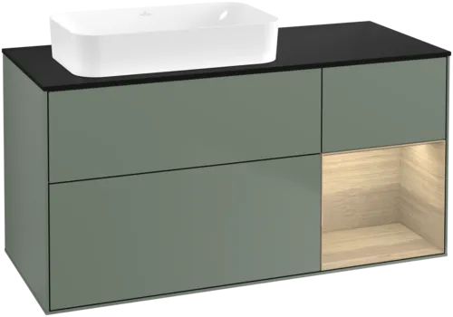 VILLEROY BOCH Toaletní skříňka Finion, s osvětlením, 3 výsuvy, 1200 x 603 x 501 mm, olivový matný lak / dubová dýha / sklo černé matné #F692PCGM