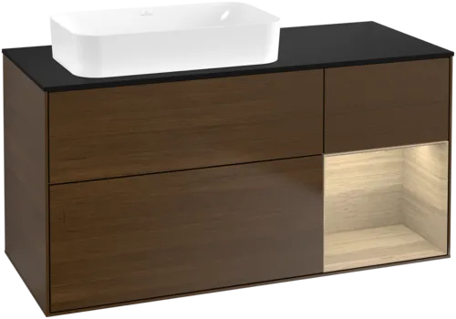 VILLEROY BOCH Toaletní skříňka Finion, s osvětlením, 3 výsuvy, 1200 x 603 x 501 mm, ořechová dýha / dubová dýha / sklo černé matné #F692PCGN