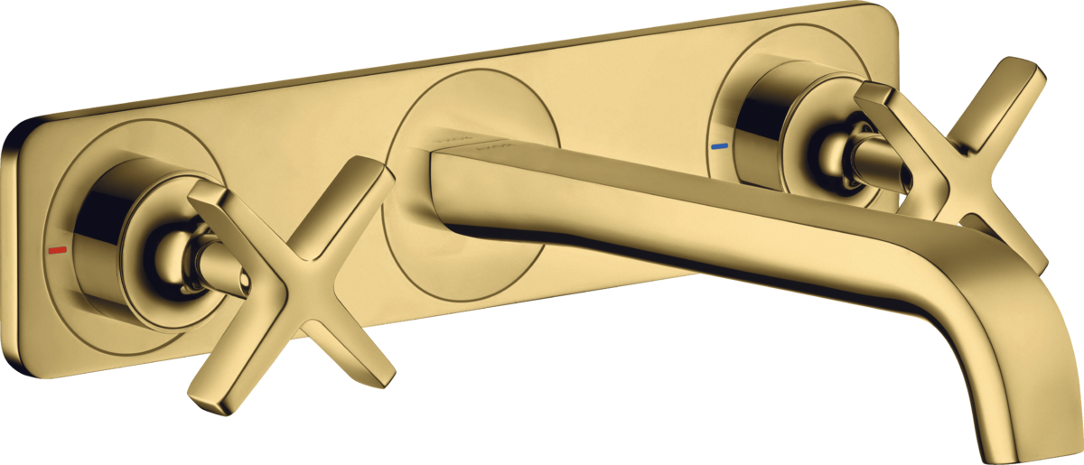 HANSGROHE AXOR Citterio E tříotvorová podomítková umyvadlová baterie pro montáž na stěnu s výtokovou trubicí a deskou 220 mm #36115990 - Polished Gold Optic