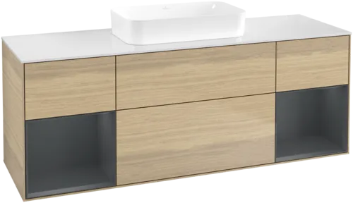 VILLEROY BOCH Toaletní skříňka Finion, s osvětlením, 4 výsuvy, 1600 x 603 x 501 mm, dubová dýha / půlnočně modrý matný lak / bílé matné sklo #F741HGPC