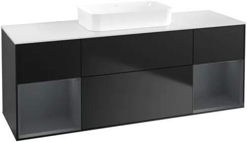VILLEROY BOCH Toaletní skříňka Finion, s osvětlením, 4 výsuvy, 1600 x 603 x 501 mm, černý matný lak / půlnoční modrý matný lak / bílé matné sklo #F741HGPD