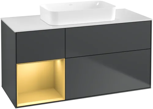 VILLEROY BOCH Toaletní skříňka Finion, s osvětlením, 3 výsuvy, 1200 x 603 x 501 mm, Midnight Blue Matt Lacquer / Gold Matt Lacquer / Glass White Matt #F701HFHG