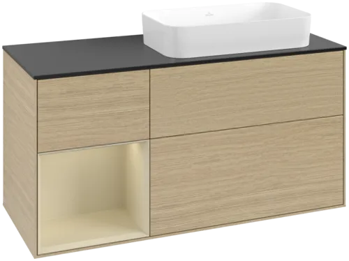 VILLEROY BOCH Toaletní skříňka Finion, s osvětlením, 3 výsuvy, 1200 x 603 x 501 mm, dubová dýha / hedvábně šedý matný lak / sklo černé matné #F682HJPC