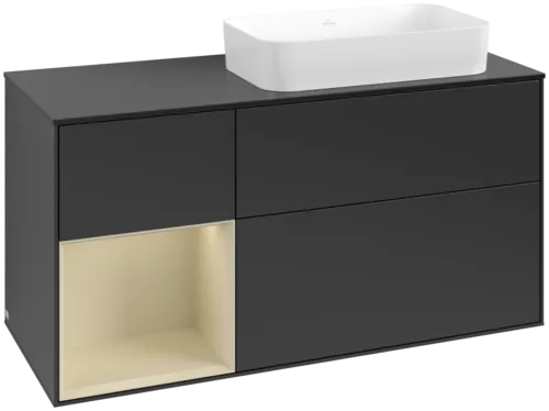 VILLEROY BOCH Toaletní skříňka Finion, s osvětlením, 3 výsuvy, 1200 x 603 x 501 mm, černý matný lak / hedvábně šedý matný lak / černé matné sklo #F682HJPD