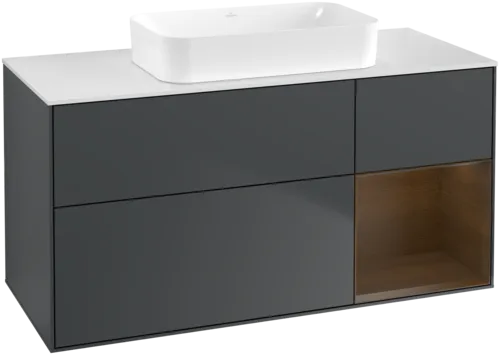 VILLEROY BOCH Toaletní skříňka Finion, s osvětlením, 3 výsuvy, 1200 x 603 x 501 mm, půlnočně modrý matný lak / ořechová dýha / bílé matné sklo #F711GNHG