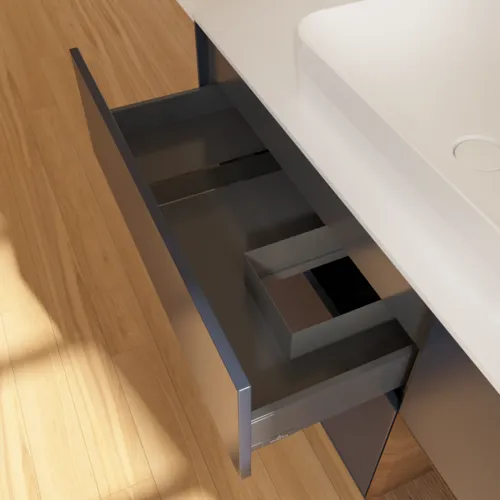 VILLEROY BOCH Toaletní skříňka Finion, s osvětlením, 3 výsuvy, 1200 x 603 x 501 mm, půlnočně modrý matný lak / ořechová dýha / bílé matné sklo #F711GNHG, obrázek 5