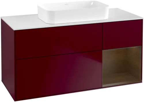 VILLEROY BOCH Toaletní skříňka Finion, s osvětlením, 3 výsuvy, 1200 x 603 x 501 mm, matný lak Peony / ořechová dýha / bílé matné sklo #F711GNHB